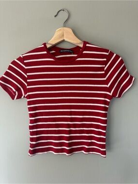 Brandy Melville Red & White Ribbed Striped Short Sleeve Tee